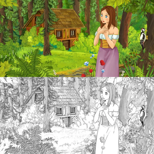 动画片场面与年轻女孩公主在森林附近隐藏的木房子 与艺术性的着色页 例证为孩子 — 图库照片