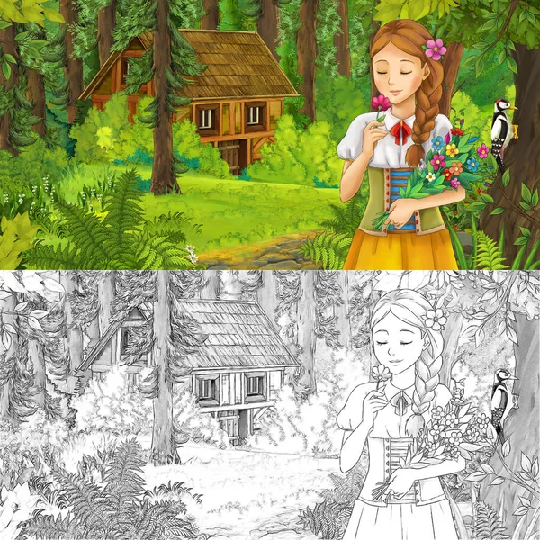 动画片场面与年轻女孩公主在森林附近隐藏的木房子 与艺术性的着色页 例证为孩子 — 图库照片
