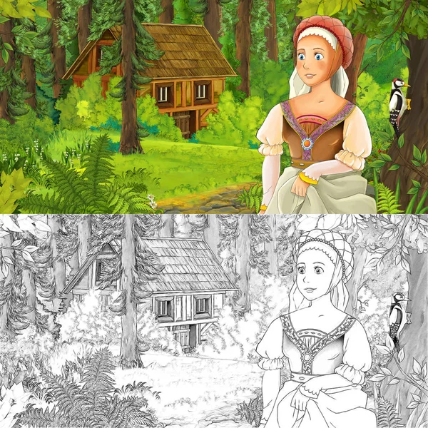 Kreslený Scény Princeznou Mladou Dívku Lese Poblíž Skryté Dřevěný Dům — Stock fotografie