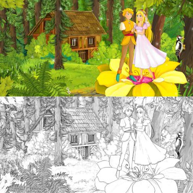 cartoon scene with royal pair in the forest near some hidden wooden house - with artistic coloring page - illustration for children clipart