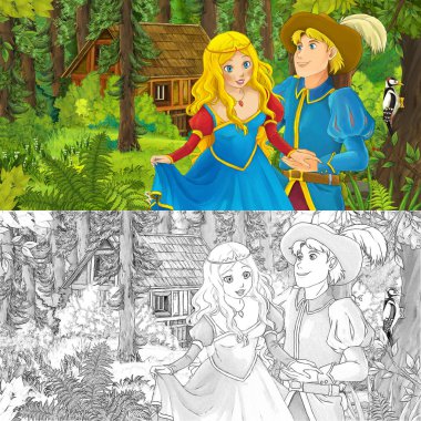 bazı gizli ahşap ev - sanatsal boyama sayfası - yakınındaki ormanda Kraliyet çifti ile sahne çocuklar için illüstrasyon karikatür