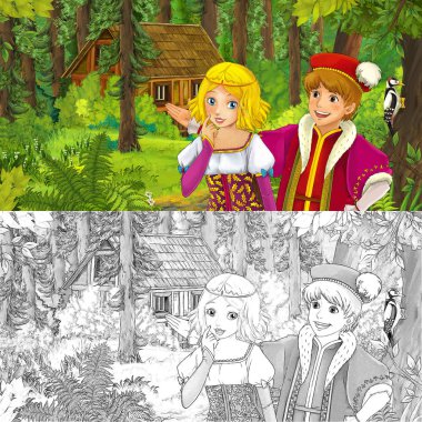 bazı gizli ahşap ev - sanatsal boyama sayfası - yakınındaki ormanda Kraliyet çifti ile sahne çocuklar için illüstrasyon karikatür