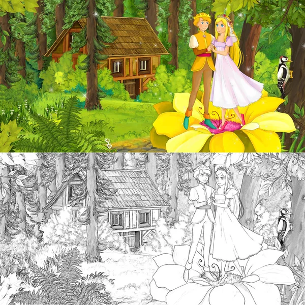 Scena Del Cartone Animato Con Coppia Reale Nella Foresta Vicino — Foto Stock