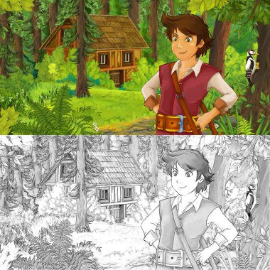 gizli ahşap ev - sanatsal boyama sayfası - yakınındaki ormanda genç çocuk Prens ile sahne çocuklar için illüstrasyon karikatür