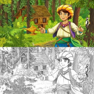 gizli ahşap ev - sanatsal boyama sayfası - yakınındaki ormanda genç çocuk Prens ile sahne çocuklar için illüstrasyon karikatür