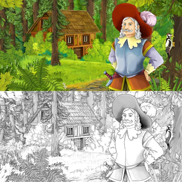 Cartoon Scene Young Prince Traveling Encountering Hidden Wooden House Forest — Stock Photo, Image