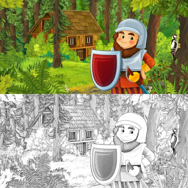 cartoon scene with happy dwarf in the forest near the wooden house - with artistic coloring page - illustration for children