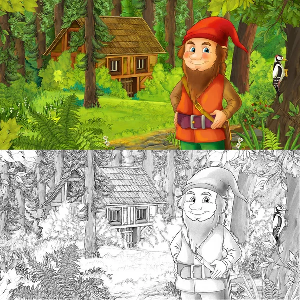 漫画の芸術的な着色のページ 木造住宅の近くの森で幸せなドワーフとのシーンの子供のための図 — ストック写真