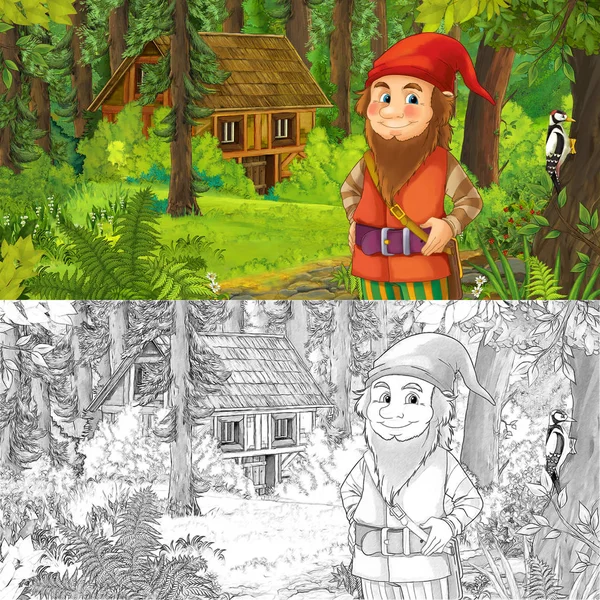 漫画の芸術的な着色のページ 木造住宅の近くの森で幸せなドワーフとのシーンの子供のための図 — ストック写真