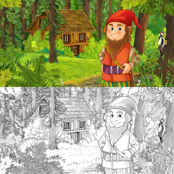 Cartoon Scene Happy Dwarf Forest Wooden House Artistic Coloring Page — Stock Photo, Image