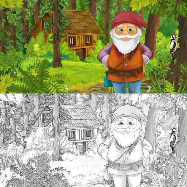 动画片场面与快乐的矮人在森林附近木房子 与艺术性的着色页 例证为孩子 — 图库照片