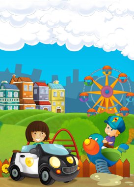 Bahçesi ve çocuğun önünde bir renkli çizgi film sahnesi şeker dükkanı - illüstrasyon çocuklar için bina.