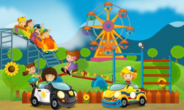 Bahçesi ve çocuğun önünde bir renkli çizgi film sahnesi şeker dükkanı - illüstrasyon çocuklar için bina.