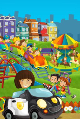 Bahçesi ve çocuğun önünde bir renkli çizgi film sahnesi şeker dükkanı - illüstrasyon çocuklar için bina.