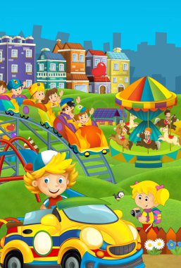 Bahçesi ve çocuğun önünde bir renkli çizgi film sahnesi şeker dükkanı - illüstrasyon çocuklar için bina.