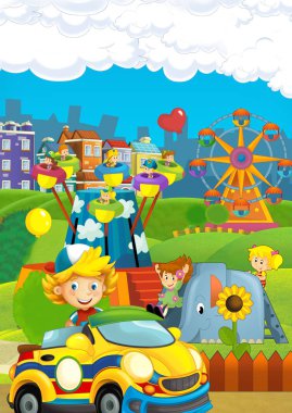 Bahçesi ve çocuğun önünde bir renkli çizgi film sahnesi şeker dükkanı - illüstrasyon çocuklar için bina.