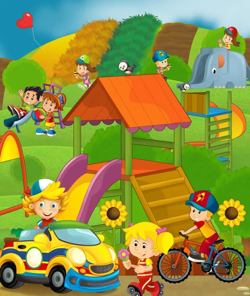 遊び場と目の前にカラフルな子供の漫画シーン構築菓子屋 子供のための図 — ストック写真
