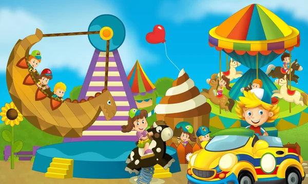 Cartoon Scen Lekplats Och Kid Framför Färgglad Byggnad Candy Shop — Stockfoto
