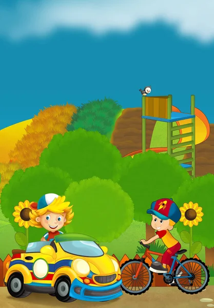Cartoon Szene Von Spielplatz Und Kind Vor Einem Bunten Bonbonladen — Stockfoto