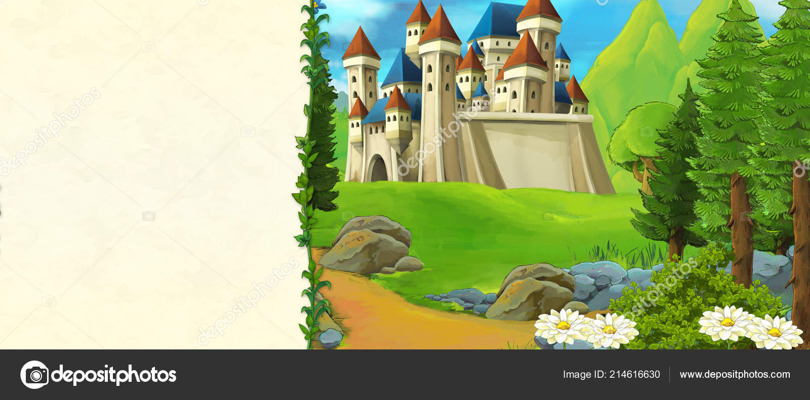 Dessin Animé Scène Avec Beau Château Médiéval Sur Colline