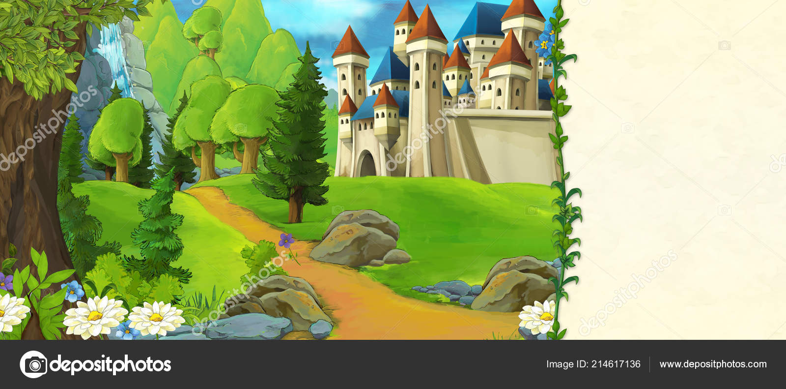 Dessin Animé Scène Avec Beau Château Médiéval Sur Colline