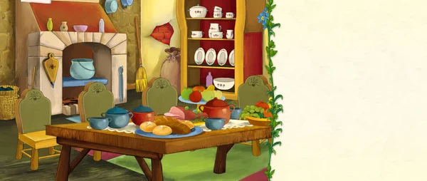 Escena Dibujos Animados Con Cocina Tradicional Antigua Con Marco Espacio —  Fotos de Stock