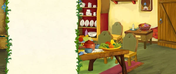 Cena Dos Desenhos Animados Com Cozinha Tradicional Antiga Com Moldura — Fotografia de Stock