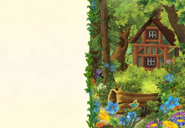 Cartoon Scene Beautiful Medieval Wooden House Hidden Forest Space Text — Stock Photo, Image