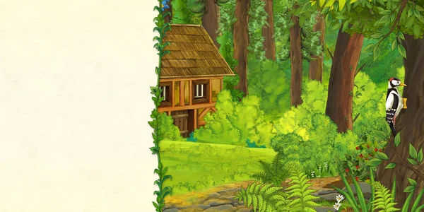 Escena Dibujos Animados Con Hermosa Casa Madera Medieval Escondida Bosque —  Fotos de Stock