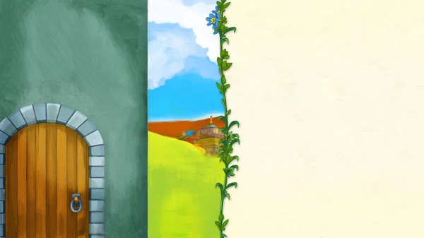 Cartoon scene with beautiful medieval castle on the hill - with space for text - illustration for children — Stock Image Cartoon Scene Beautiful Medieval Castle Hill Space Text Illustration Children Royalty Free Stock Photos