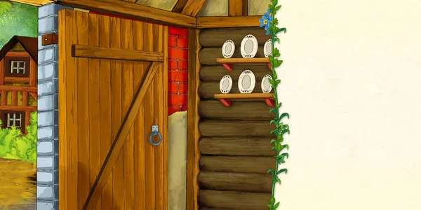 Kreskówka Sceny Pokoju Drewnianym Domu Otwartych Drzwi Miejsca Tekst Ilustracja — Zdjęcie stockowe