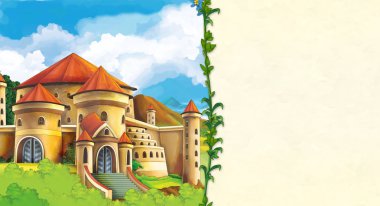 Tepedeki - metin için-yer ile güzel Ortaçağ Kalesi ile sahne çocuklar için illüstrasyon karikatür