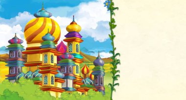 Tepedeki - metin için-yer ile güzel Ortaçağ Kalesi ile sahne çocuklar için illüstrasyon karikatür