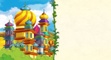 Tepedeki - metin için-yer ile güzel Ortaçağ Kalesi ile sahne çocuklar için illüstrasyon karikatür