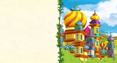 Tepedeki - metin için-yer ile güzel Ortaçağ Kalesi ile sahne çocuklar için illüstrasyon karikatür