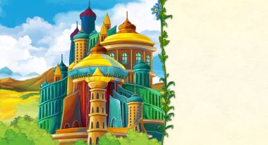 Tepedeki - metin için-yer ile güzel Ortaçağ Kalesi ile sahne çocuklar için illüstrasyon karikatür