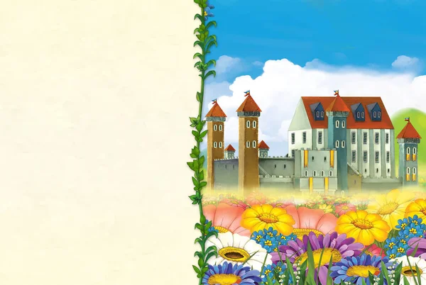 Cartoon Scene Beautiful Medieval Castle Hill Space Text Illustration Children — Stock Photo, Image