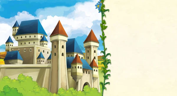 Cartoon Scene Beautiful Medieval Castle Hill Space Text Illustration Children — Stock Photo, Image