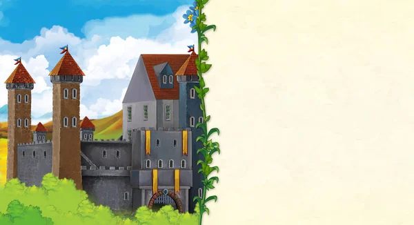 Kreskówka Sceny Pięknego Średniowiecznego Zamku Wzgórzu Miejsca Tekst Ilustracja Dla — Zdjęcie stockowe