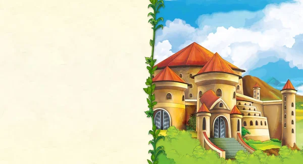 Cartoon scene with beautiful medieval castle on the hill - with space for text - illustration for children — Stock Image Cartoon Scene Beautiful Medieval Castle Hill Space Text Illustration Children Royalty Free Stock Images