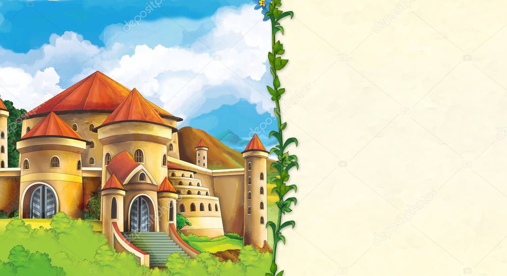 cartoon scene with beautiful medieval castle on the hill - with space for text - illustration for children