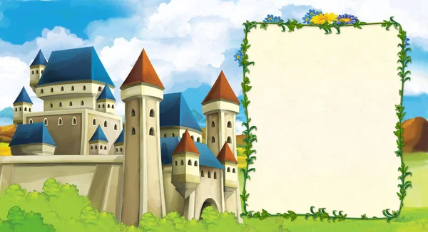 Γελοιογραφία Σκηνή Πανέμορφο Μεσαιωνικό Κάστρο Στο Λόφο Χώρο Για Κείμενο — Φωτογραφία Αρχείου