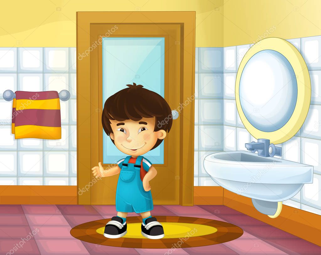 cartoon kid in the bathroom - boy - illustration for children