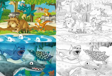 uçan dinozor Pterodactyl ve apatosaurus ile akarsu veya nehir yakın ormanda karikatür sahne-çocuklar için illüstrasyon