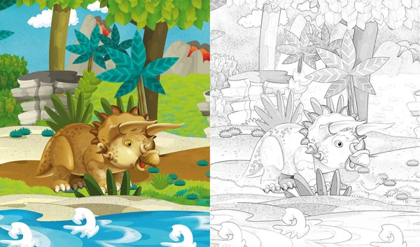 漫画の子供のためのジャングルの着色のページの図に恐竜とシーン — ストック写真