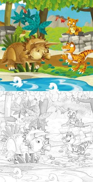 Cartoon Scène Met Dinosaurussen Jungle Met Kleurplaat Afbeelding Voor Kinderen — Stockfoto