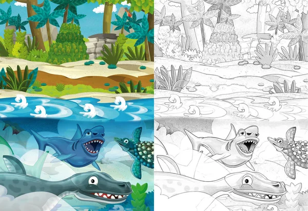 Cartoon Scene Jungle Stream River Flying Dinosaur Pterodactyl Apatosaurus Illustration — Stock Photo, Image