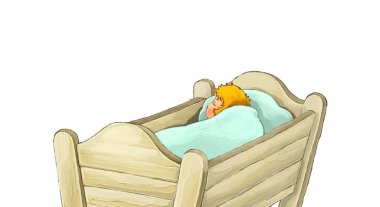 çocuklar için peri masalı karakter - beyaz arka plan üzerinde ahşap beşik ve bebek bebek - illüstrasyon karikatür