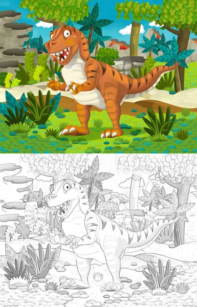 Cartoon Scen Med Dinosaurier Djungeln Med Målarbok Illustration För Barn — Stockfoto