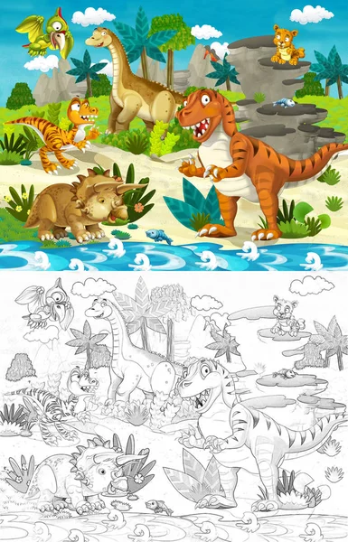 cartoon scene with dinosaurs in the jungle - with coloring page - illustration for children
